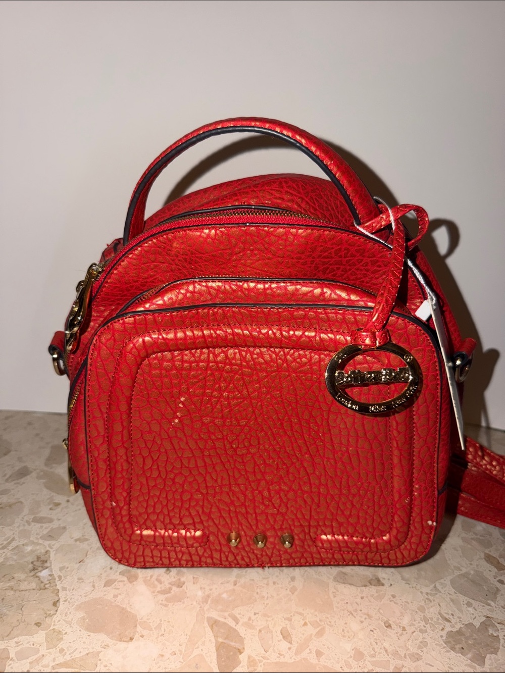 Red Textured Leather Crossbody Bag with Top Handle
